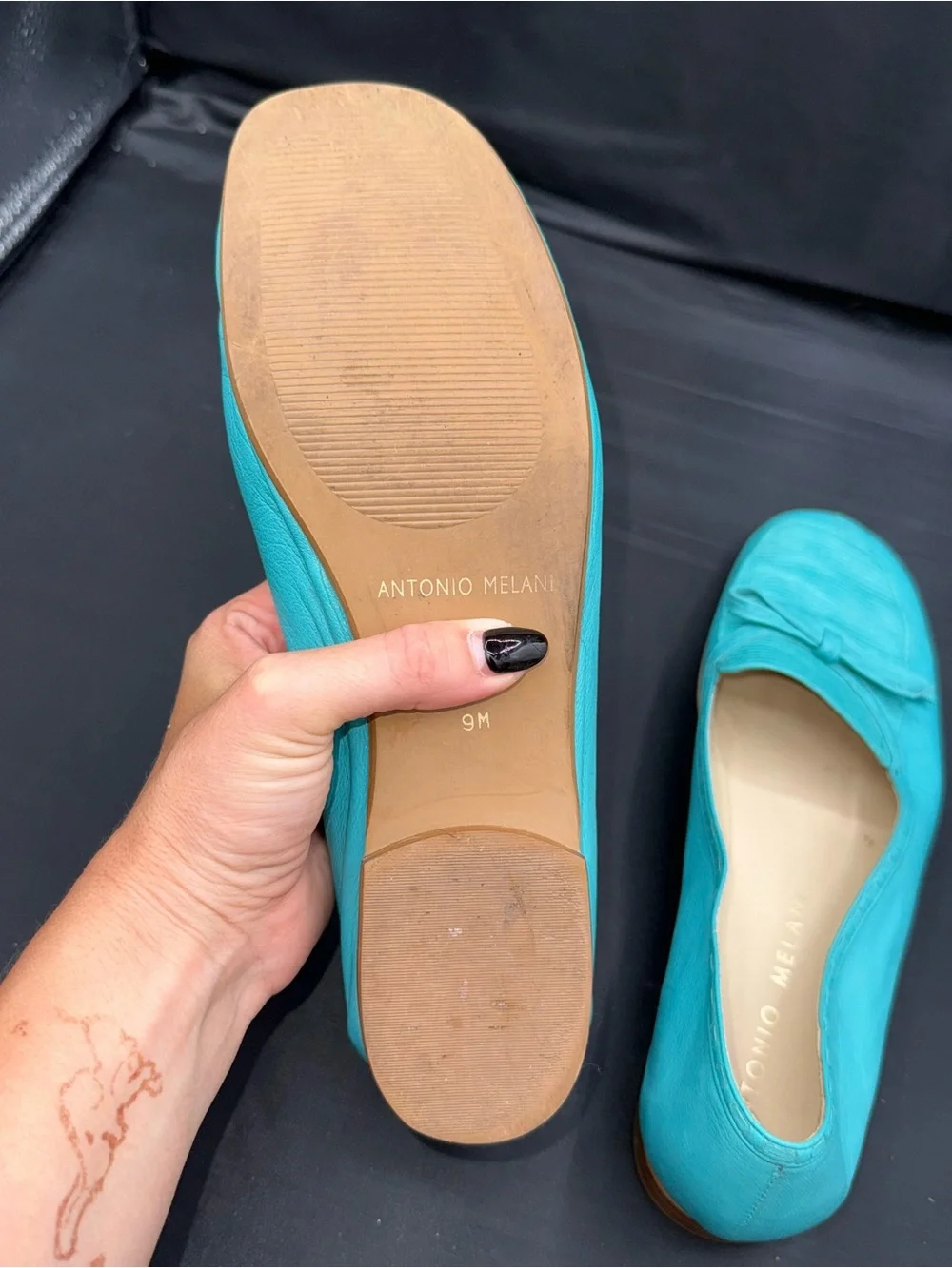 Antonio Melani Turquoise Leather Ballet Flats Coastal Grandmillennial Bow Sz 9